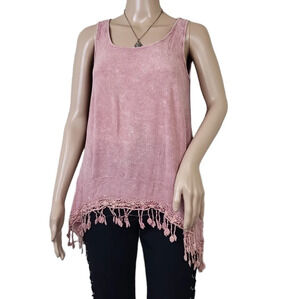 American Age Distressed Fringed Pink top